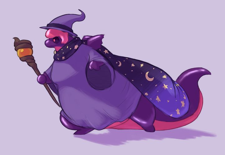 drawing of a pink and dark purple dragon in a wizard robe and hat. in one hand they're holding a wooden staff with an orange orb near the top. they're also wearing a cloak with a moon and stars pattern.